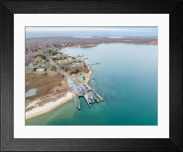 Framed Print : Aerial view of the Shelter Island Ferry coming into Shelter Island, NY