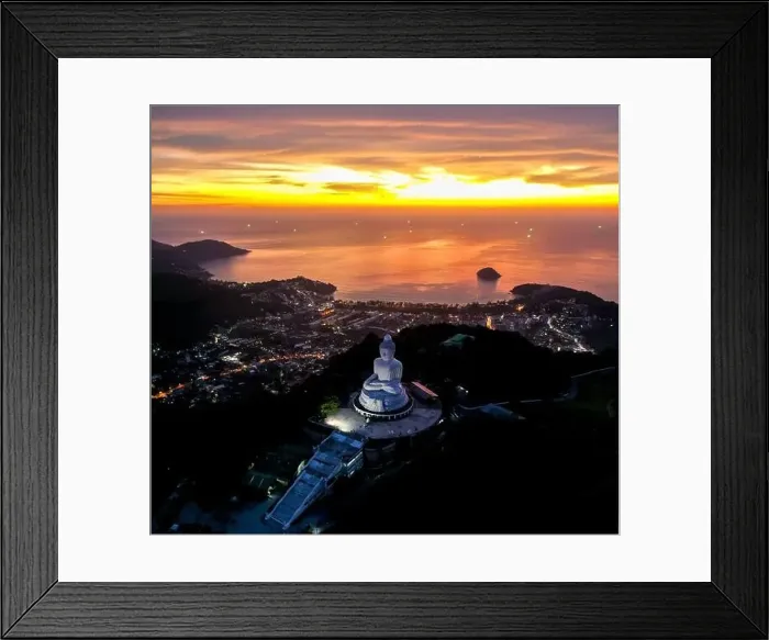 Framed Print : Aerial view of Big Buddha viewpoint at sunset in Phuket province, Thailand Framed Print : Aerial view of Big Buddha viewpoint at sunset in Phuket province, Thailand