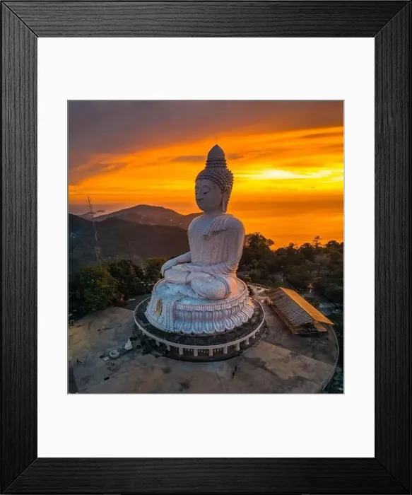 Framed Print : Aerial view of Big Buddha viewpoint at sunset in Phuket province, Thailand