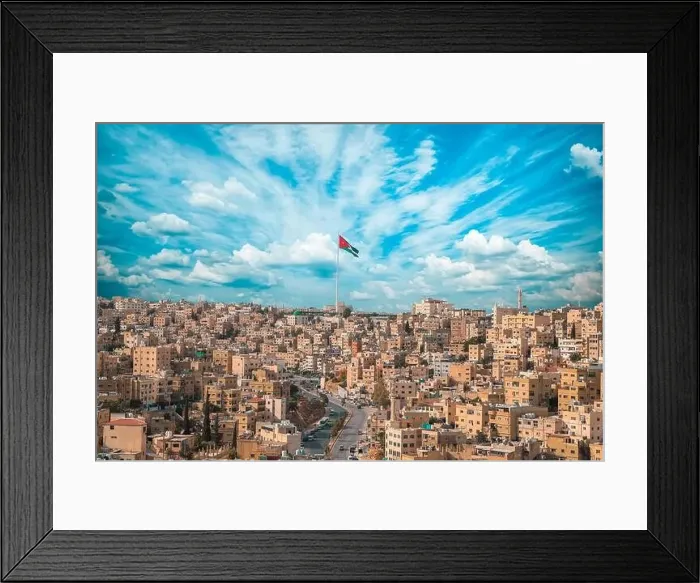 Framed Print : Jordan flag in Amman, landscape view of cloudy sky background at the downtown Framed Print : Jordan flag in Amman, landscape view of cloudy sky background at the downtown
