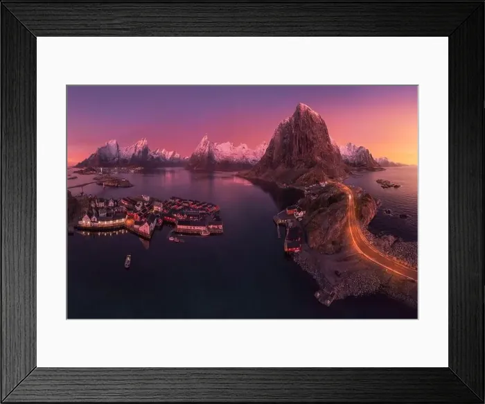 Framed Print : Aerial landscape of calm river and rocky formations located in Hamnoy under sunset sky in evening Framed Print : Aerial landscape of calm river and rocky formations located in Hamnoy under sunset sky in evening