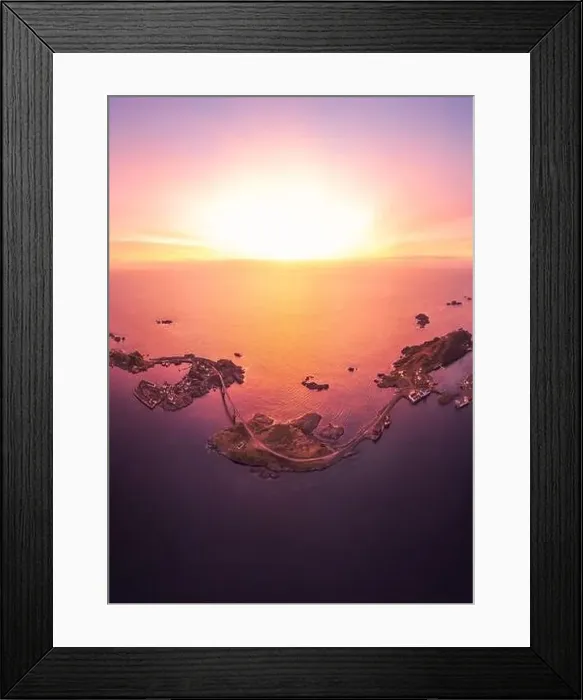 Framed Print : Picturesque scenery from drone of snowy mountains and calm sea under cloudless sky in Norway in evening Framed Print : Picturesque scenery from drone of snowy mountains and calm sea under cloudless sky in Norway in evening
