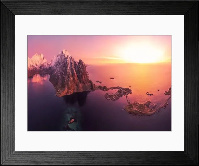 Framed Print : Aerial landscape of calm river and rocky formations located in Hamnoy under sunset sky in evening Framed Print : Aerial landscape of calm river and rocky formations located in Hamnoy under sunset sky in evening