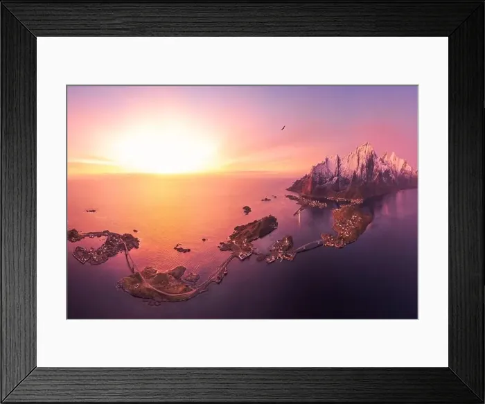 Framed Print : Aerial landscape of calm river and rocky formations located in Hamnoy under sunset sky in evening Framed Print : Aerial landscape of calm river and rocky formations located in Hamnoy under sunset sky in evening