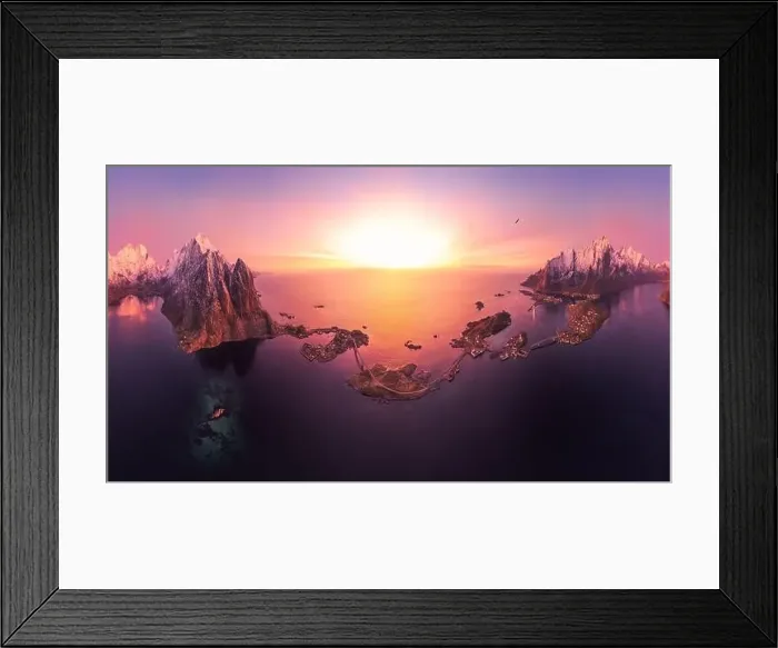 Framed Print : Panoramic of picturesque scenery from drone of snowy mountains and calm sea under cloudless sky in Norway in evening Framed Print : Panoramic of picturesque scenery from drone of snowy mountains and calm sea under cloudless sky in Norway in evening