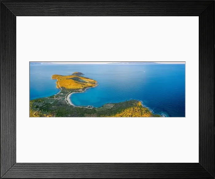 Framed Print : Aerial panorama of summer seascape of Mediterranean sea. Green hills of Peloponnese peninsula, Greece, Europe Framed Print : Aerial panorama of summer seascape of Mediterranean sea. Green hills of Peloponnese peninsula, Greece, Europe