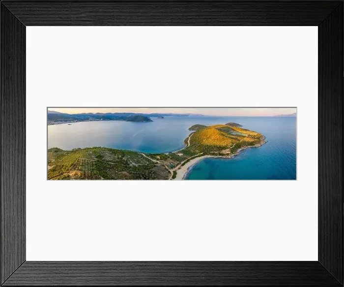 Framed Print : Aerial panorama of summer seascape of Mediterranean sea. Green hills of Peloponnese peninsula, Greece, Europe Framed Print : Aerial panorama of summer seascape of Mediterranean sea. Green hills of Peloponnese peninsula, Greece, Europe
