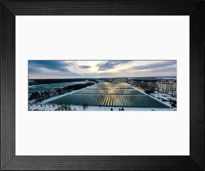 Framed Print : Aerial view of modern glass greenhouses in winter Framed Print : Aerial view of modern glass greenhouses in winter