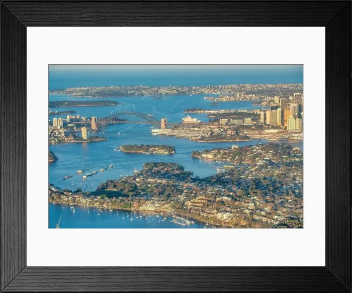 Framed Print : Aerial view of Sydney skyline from ariplane, New South Wales, Australia Framed Print : Aerial view of Sydney skyline from ariplane, New South Wales, Australia