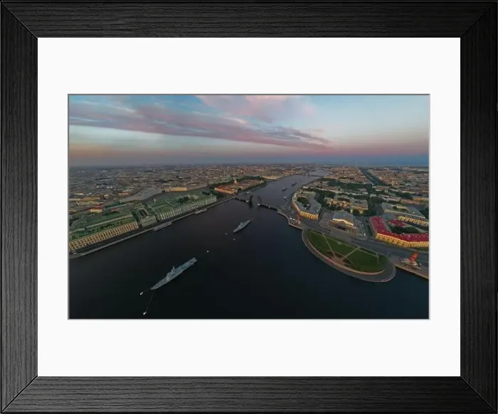 Framed Print : Aerial landscape with warships in the Neva River before the holiday of the Russian Navy at early morning Framed Print : Aerial landscape with warships in the Neva River before the holiday of the Russian Navy at early morning