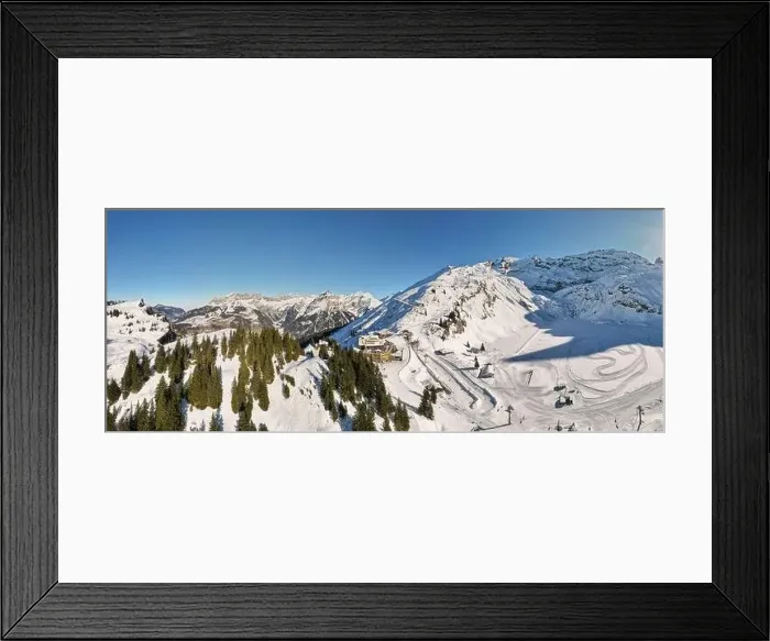 Framed Print : Drone view at Truebsee station over Engelberg on the Swiss alps Framed Print : Drone view at Truebsee station over Engelberg on the Swiss alps