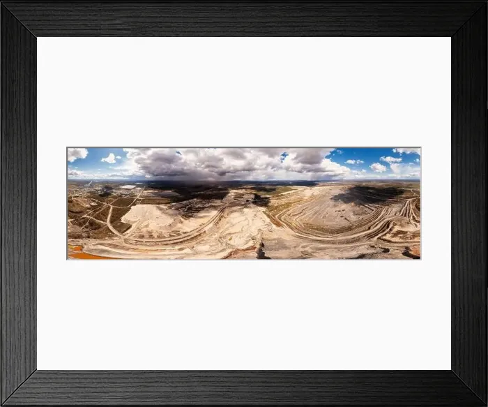 Framed Print : Granite quarry aerial 360 degree panorama. Granite mining landscape from a drone Framed Print : Granite quarry aerial 360 degree panorama. Granite mining landscape from a drone