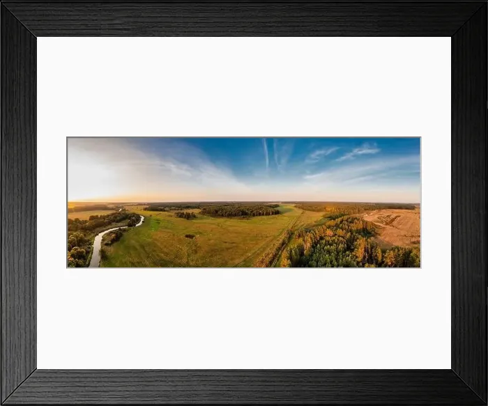 Framed Print : Panoramic view of a meadow at sunset. Rural landscape aerial panorama Framed Print : Panoramic view of a meadow at sunset. Rural landscape aerial panorama