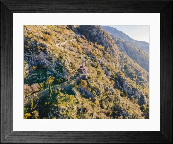 Framed Print : Kotor Old Town Ladder of Kotor Fortress Hiking Trail. Aerial drone view Framed Print : Kotor Old Town Ladder of Kotor Fortress Hiking Trail. Aerial drone view