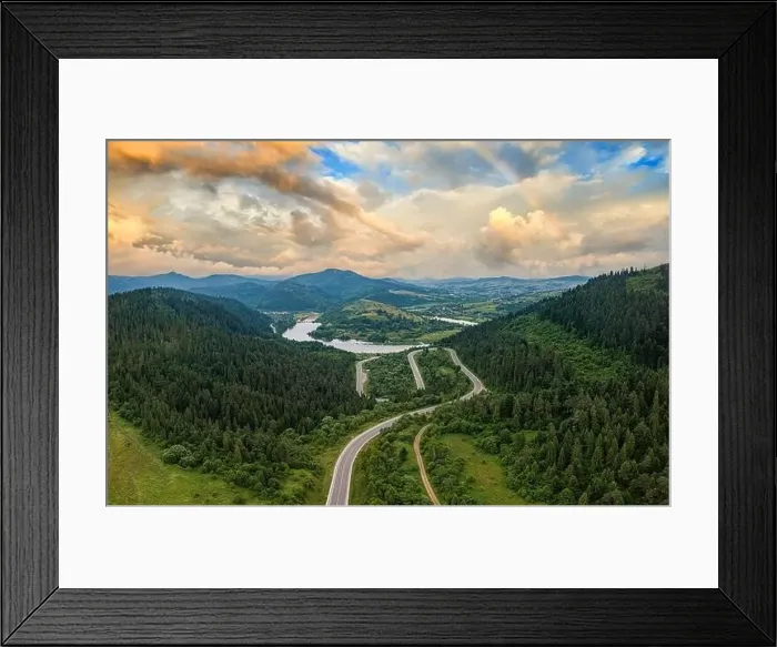 Framed Print : Aerial view on mountain road from drone Framed Print : Aerial view on mountain road from drone