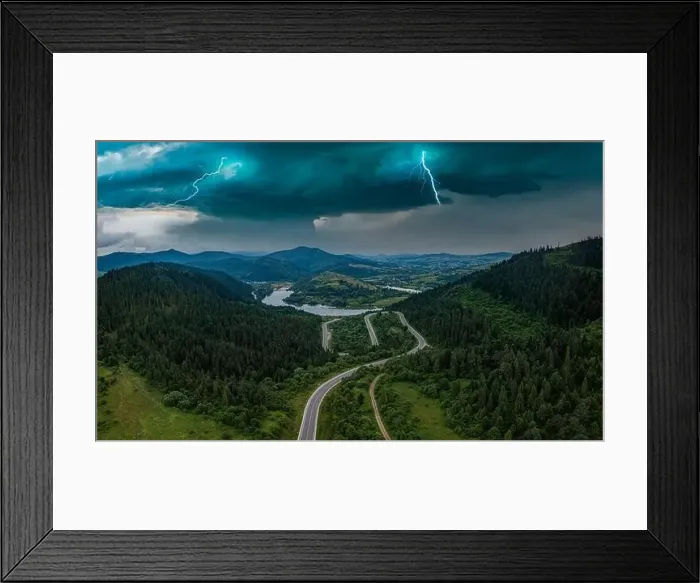 Framed Print : Aerial view on mountain road from drone Framed Print : Aerial view on mountain road from drone