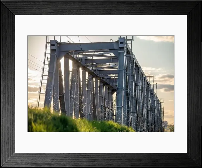 Framed Print : Travel landscape. Two railway bridges at dawn. Drone view Framed Print : Travel landscape. Two railway bridges at dawn. Drone view