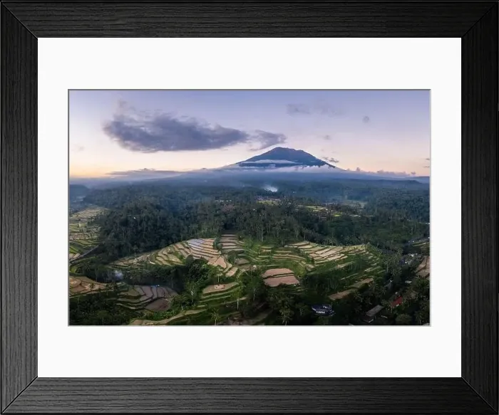 Framed Print : Stunning Balinese landscape with Mt Agung volcano rising above the Muncan rice terraces near Ubud in Bali at sunset in