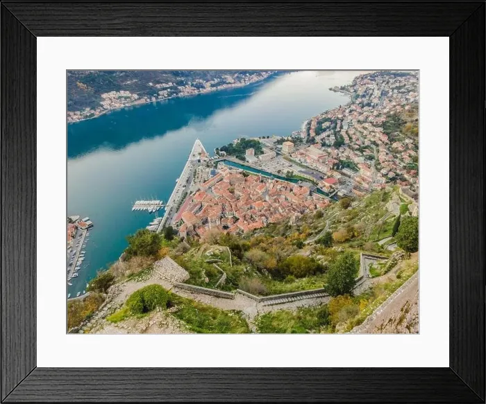 Framed Print : Kotor Old Town Ladder of Kotor Fortress Hiking Trail. Aerial drone view Framed Print : Kotor Old Town Ladder of Kotor Fortress Hiking Trail. Aerial drone view