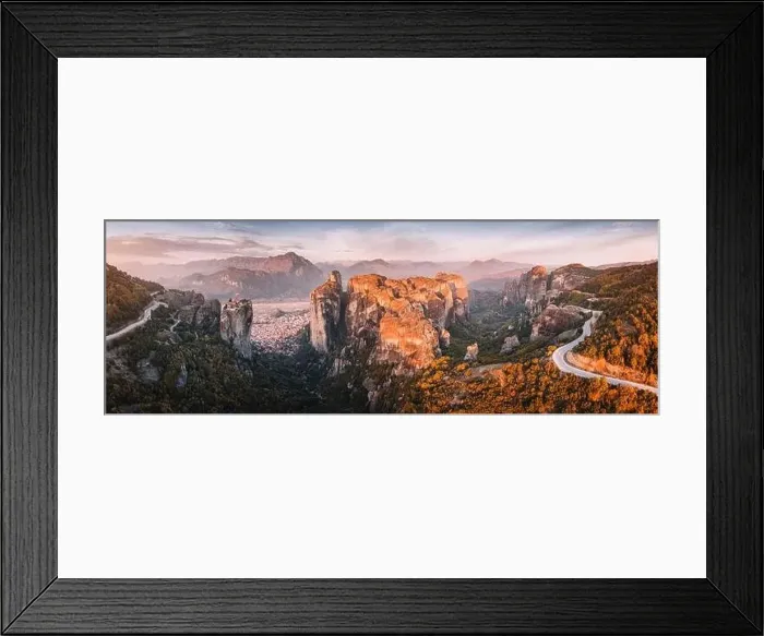 Framed Print : Inspirational aerial panoramic view of iconic and majestic Meteora monastery travel destination Framed Print : Inspirational aerial panoramic view of iconic and majestic Meteora monastery travel destination