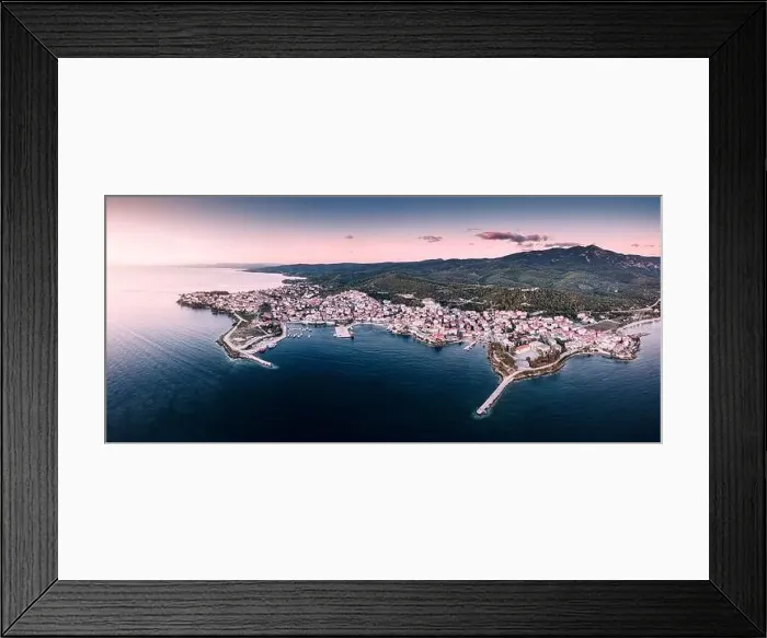 Framed Print : Wide aerial panoramic sunset view of a resort sea town Neos Marmaras in Halkidiki Framed Print : Wide aerial panoramic sunset view of a resort sea town Neos Marmaras in Halkidiki