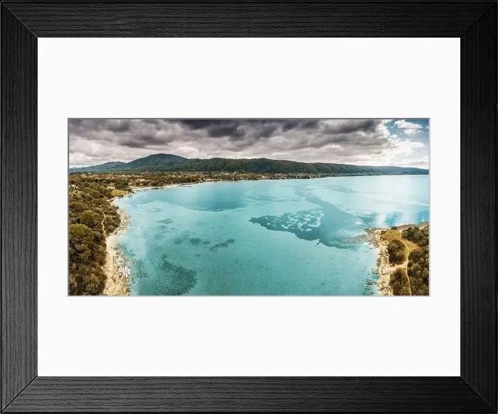 Framed Print : Aerial panoramic scenic view of azure blue lagoon and paradise bay with majestic patterns on a sea shelf Framed Print : Aerial panoramic scenic view of azure blue lagoon and paradise bay with majestic patterns on a sea shelf