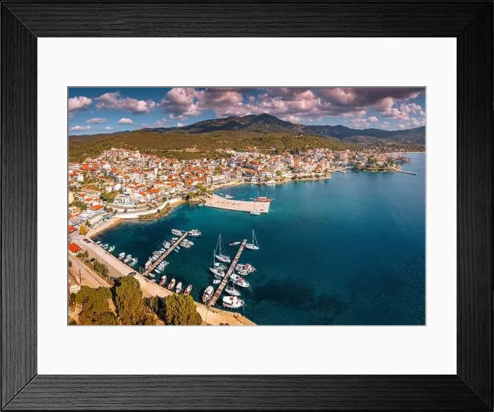 Framed Print : Wide aerial panoramic view of a resort sea town Neos Marmaras with yacht marina port in Halkidiki Framed Print : Wide aerial panoramic view of a resort sea town Neos Marmaras with yacht marina port in Halkidiki