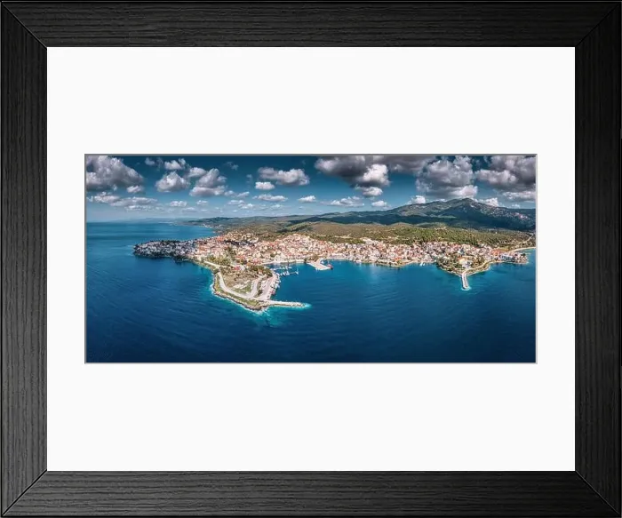 Framed Print : Wide aerial panoramic view of a resort sea town Neos Marmaras in Halkidiki Framed Print : Wide aerial panoramic view of a resort sea town Neos Marmaras in Halkidiki