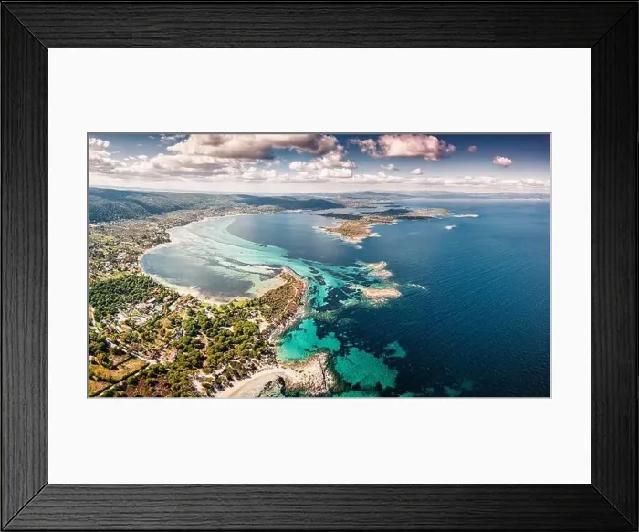 Framed Print : Drone view of the sandy Karydi beach in the resort village of Vourvourou in Greece Framed Print : Drone view of the sandy Karydi beach in the resort village of Vourvourou in Greece