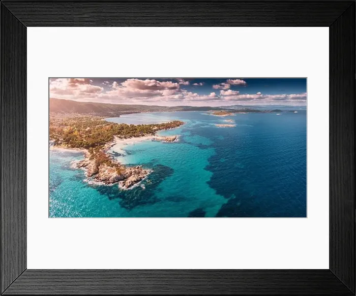 Framed Print : Aerial view of the paradise seashore with various shades of turquoise water Framed Print : Aerial view of the paradise seashore with various shades of turquoise water