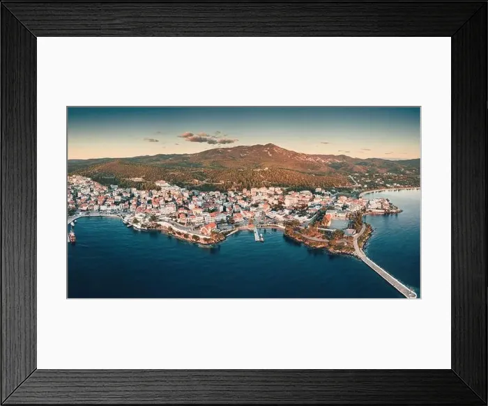 Framed Print : Wide aerial panoramic sunset view of a resort sea town Neos Marmaras in Halkidiki Framed Print : Wide aerial panoramic sunset view of a resort sea town Neos Marmaras in Halkidiki