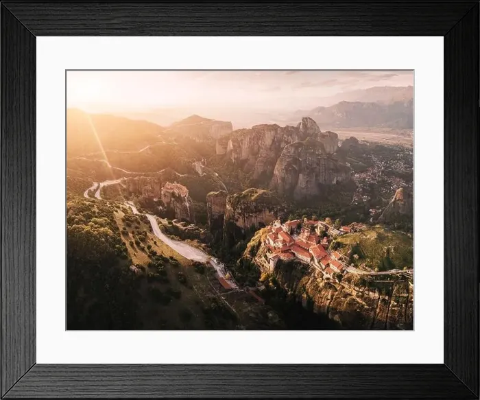 Framed Print : Panoramic majestic aerial view of the famous Meteora flying monasteries in Greece at sunrise Framed Print : Panoramic majestic aerial view of the famous Meteora flying monasteries in Greece at sunrise