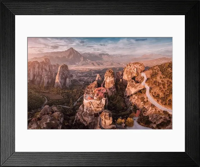 Framed Print : Aerial panorama of famous Meteora monasteries near Kalambaka town in Greece Framed Print : Aerial panorama of famous Meteora monasteries near Kalambaka town in Greece