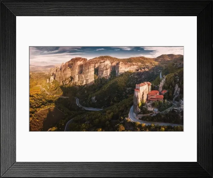 Framed Print : Atmospheric aerial panorama of the famous Monastery of Rousanou Saint Barbaras in Meteora Framed Print : Atmospheric aerial panorama of the famous Monastery of Rousanou Saint Barbaras in Meteora