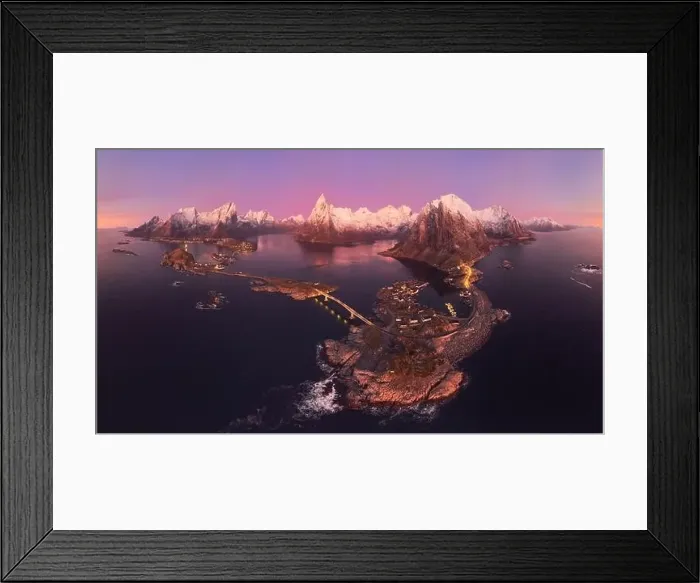 Framed Print : Aerial landscape of calm river and rocky formations located in Hamnoy under sunset sky in evening Framed Print : Aerial landscape of calm river and rocky formations located in Hamnoy under sunset sky in evening
