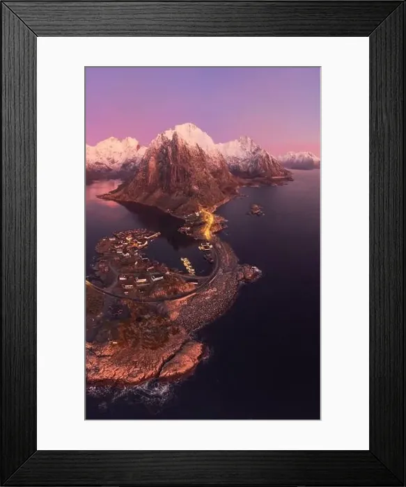 Framed Print : Aerial landscape of calm river and rocky formations located in Hamnoy under sunset sky in evening Framed Print : Aerial landscape of calm river and rocky formations located in Hamnoy under sunset sky in evening