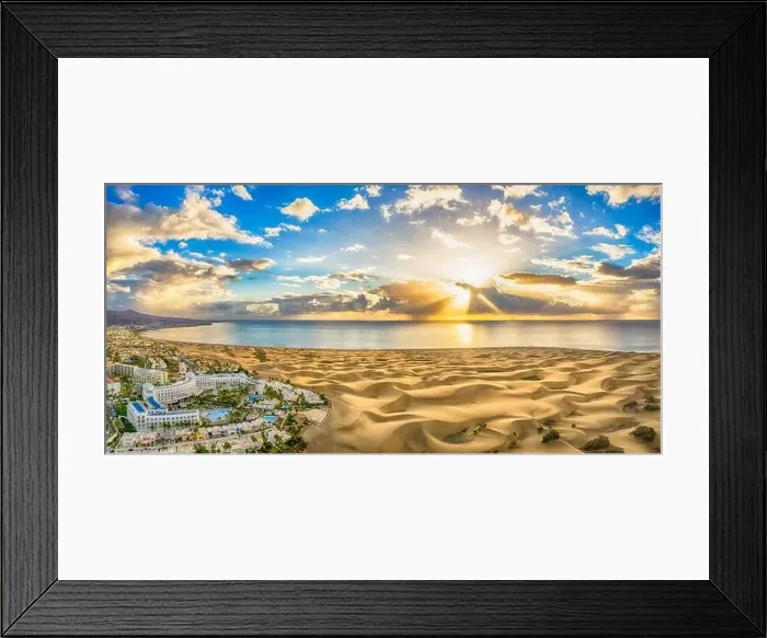 Framed Print : Landscape with Maspalomas town and golden sand dunes at sunrise, Gran Canaria, Canary Islands, Spain Framed Print : Landscape with Maspalomas town and golden sand dunes at sunrise, Gran Canaria, Canary Islands, Spain