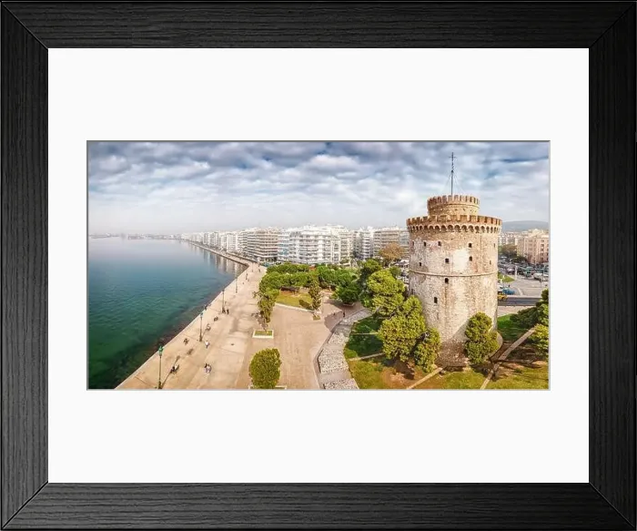 Framed Print : Aerial panoramic view of the main symbol of Thessaloniki city and the whole of Macedonia region - the White Tower Framed Print : Aerial panoramic view of the main symbol of Thessaloniki city and the whole of Macedonia region - the White Tower
