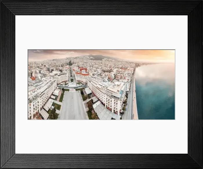 Framed Print : Aerial view of main tourist attraction of Thessaloniki - Aristotle Square with cafes and hotel buildings Framed Print : Aerial view of main tourist attraction of Thessaloniki - Aristotle Square with cafes and hotel buildings