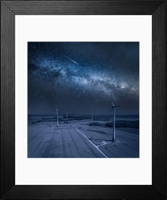 Framed Print : Milky way and wind turbines on field by night. Alternative energy, Poland Framed Print : Milky way and wind turbines on field by night. Alternative energy, Poland