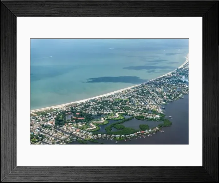 Framed Print : High angle aerial view of Ft Myers beach landscape near Sanibel Island in southwest in Florida Saharan with beautiful