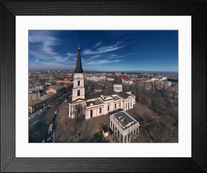 Framed Print : Winter urban panorama the city center with Orthodox Cathedral in Odessa, Ukraine. Drone footage, sun day Framed Print : Winter urban panorama the city center with Orthodox Cathedral in Odessa, Ukraine. Drone footage, sun day