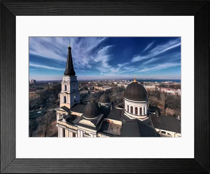 Framed Print : Winter air urbane panorama with Orthodox Cathedral in Odessa, Ukraine. Drone footage, sunny day Framed Print : Winter air urbane panorama with Orthodox Cathedral in Odessa, Ukraine. Drone footage, sunny day