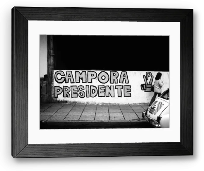 Framed Print : ARG 255B Mar Del Plata Argentina 1973 presidential campaign wall painting with passerby Framed Print : ARG 255B Mar Del Plata Argentina 1973 presidential campaign wall painting with passerby