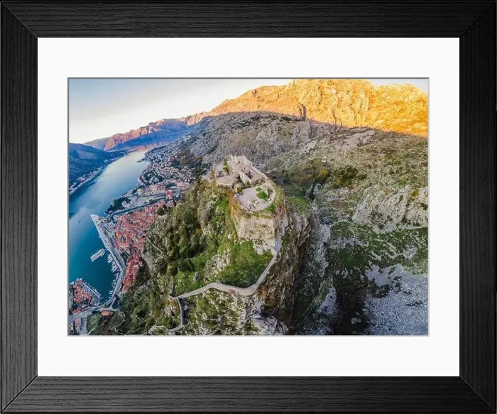 Framed Print : Kotor Old Town Ladder of Kotor Fortress Hiking Trail. Aerial drone view Framed Print : Kotor Old Town Ladder of Kotor Fortress Hiking Trail. Aerial drone view