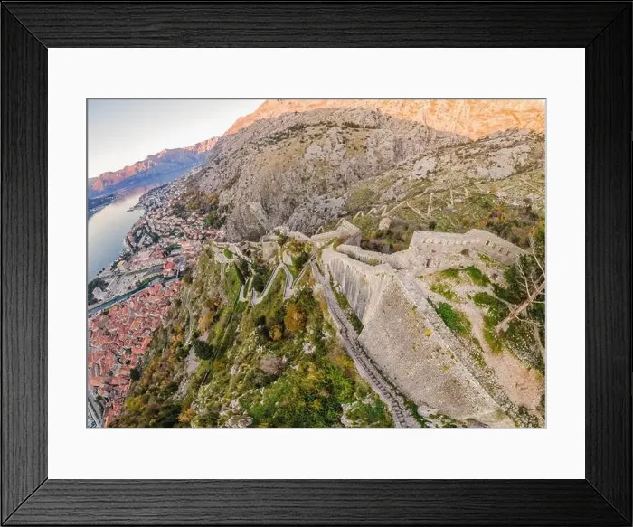 Framed Print : Kotor Old Town Ladder of Kotor Fortress Hiking Trail. Aerial drone view Framed Print : Kotor Old Town Ladder of Kotor Fortress Hiking Trail. Aerial drone view