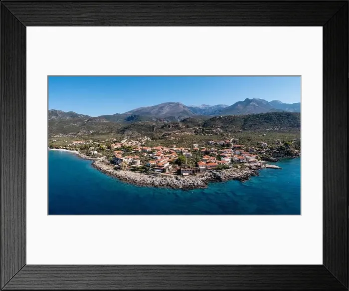 Framed Print : Greece, Mani. Kardamili town, aerial drone view Framed Print : Greece, Mani. Kardamili town, aerial drone view