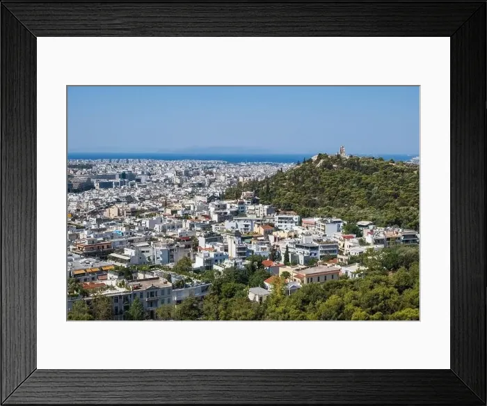 Framed Print : Snow-white houses of Greek capital, green hills against background of sea. Athens, Greece Framed Print : Snow-white houses of Greek capital, green hills against background of sea. Athens, Greece