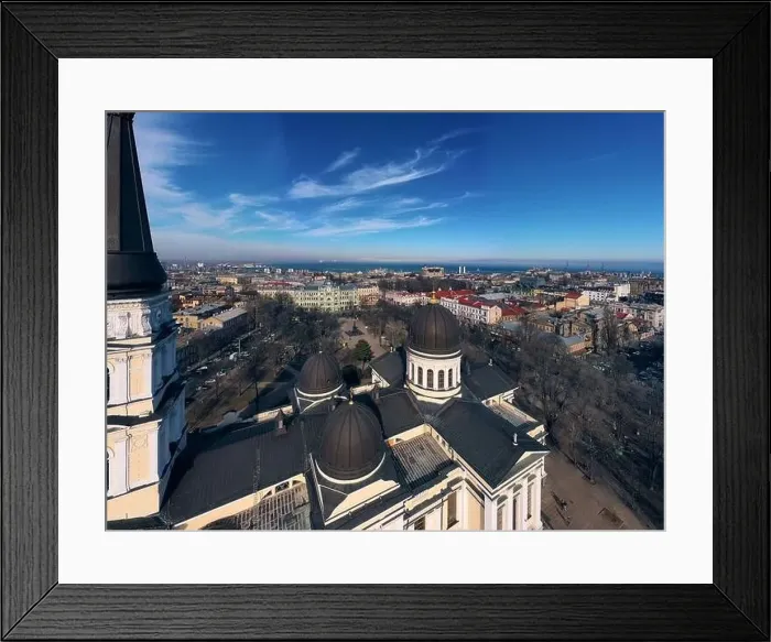 Framed Print : Winter air panorama the city center with Orthodox Cathedral in Odessa, Ukraine. Drone footage, sun day Framed Print : Winter air panorama the city center with Orthodox Cathedral in Odessa, Ukraine. Drone footage, sun day