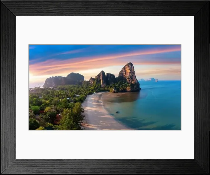 Framed Print : Landscape of Railay beach at sunrise in Krabi, Thailand Framed Print : Landscape of Railay beach at sunrise in Krabi, Thailand